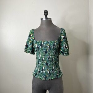 NWOT DOLAN Anthropologie Top sz S Smocked Puff Sleeves Tropical Jungle Green
